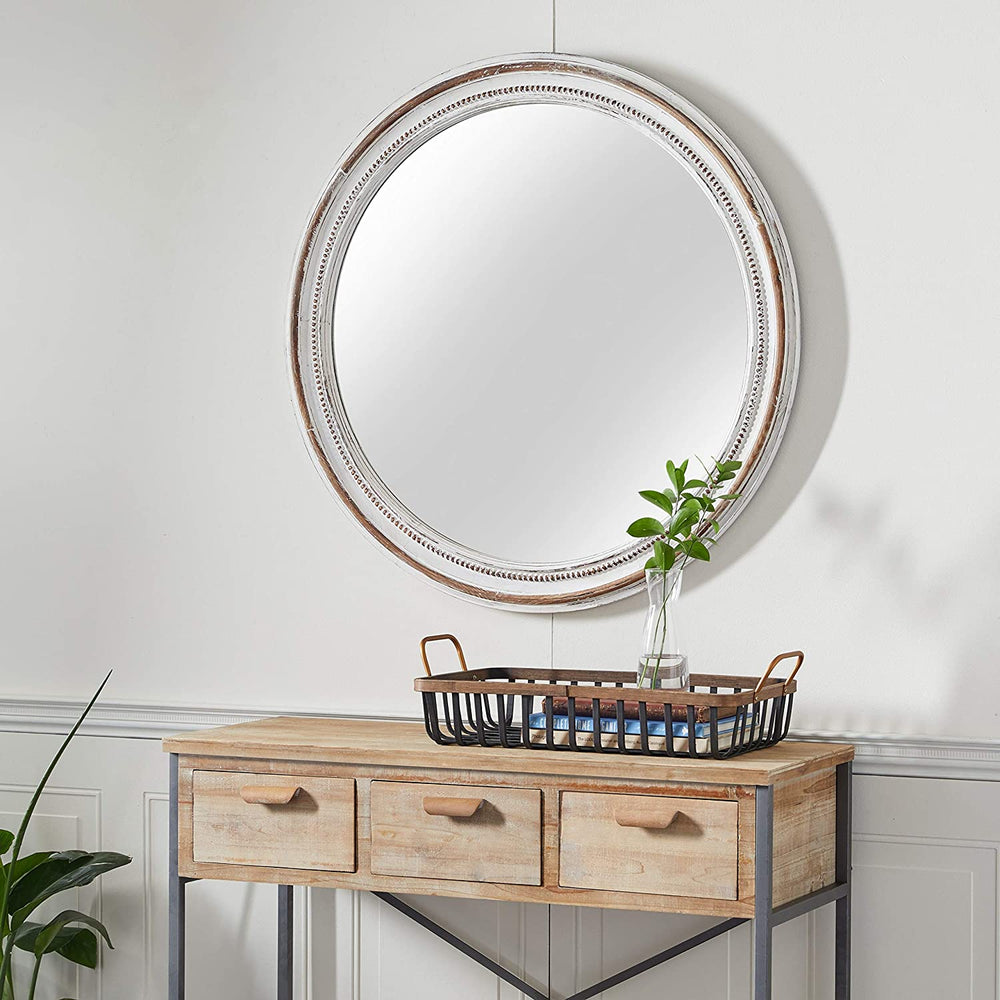 Large Round Wood Wall Mirror Carved Beading Detail Distressed White Finish 36 5" X 37 X 1 37round - Diamond Home USA