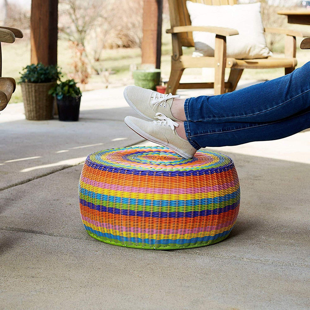 Outdoor Patio Round Wicker Ottoman Colorful Small Rainbow Footstool Rounded Shape Circular Living Room Indoor Boho Bohemian Strong Sturdy Low Height