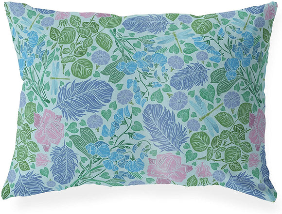 Blue Indoor|Outdoor Lumbar Pillow 20x14 Blue Floral Modern Contemporary Polyester Removable Cover