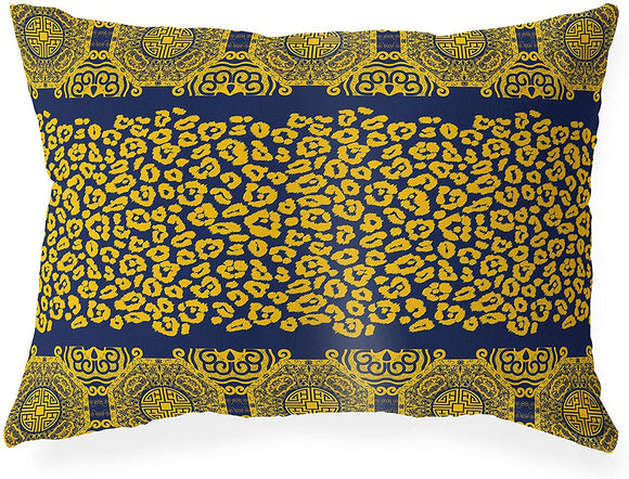 UKN Leopard Navy Gold Lumbar Pillow Blue Animal Bohemian Eclectic Polyester Single Removable Cover