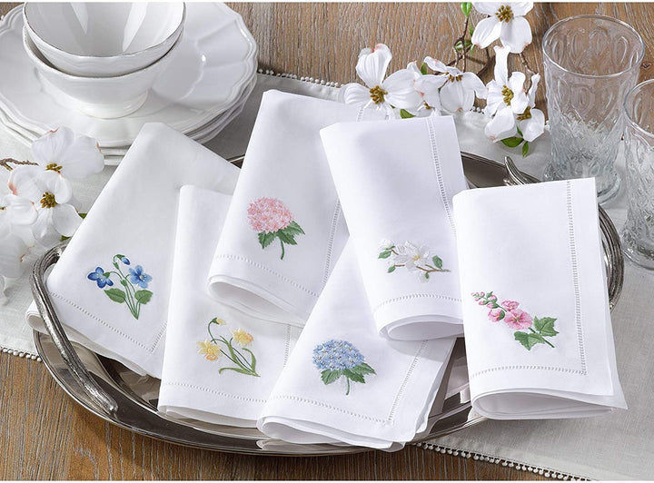 Hemstitch Cotton Napkins Embroidery (Set 6) White Embroidered Solid Classic Modern Contemporary Novelty Square