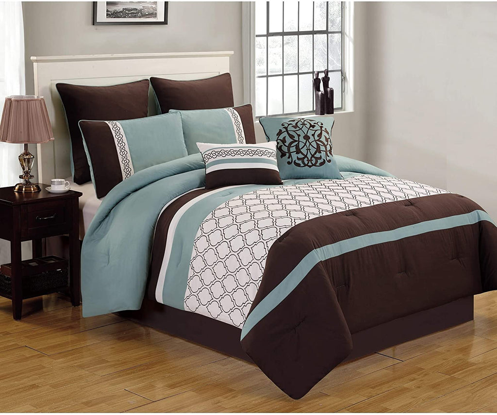 8 Pc Comforter Set Brown/Blue/Ivory Polyester King Brown Geometric Modern Contemporary Piece Bedskirt Included