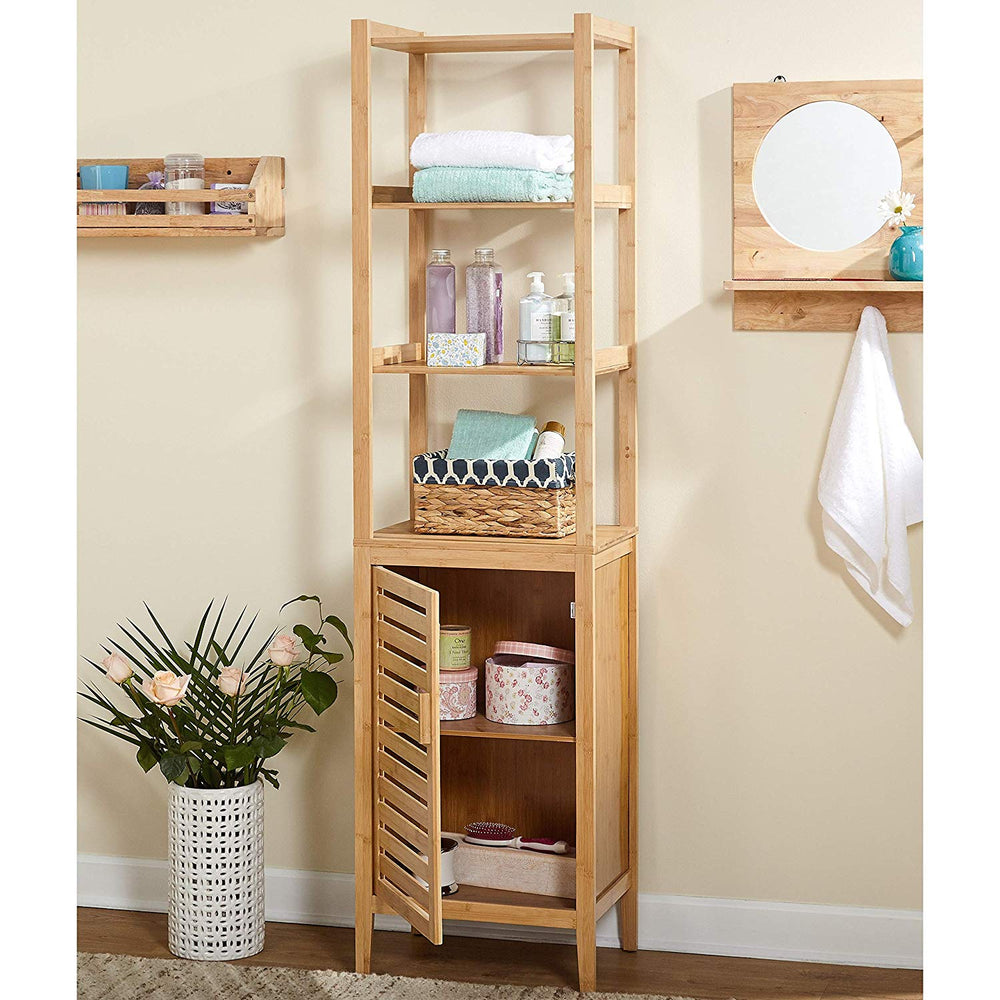 Bamboo Linen Cabinet Tower 3 Tier Free Standing Natural Wood Bathroom Shelving Unit Space Saving Storage Organizer Stand