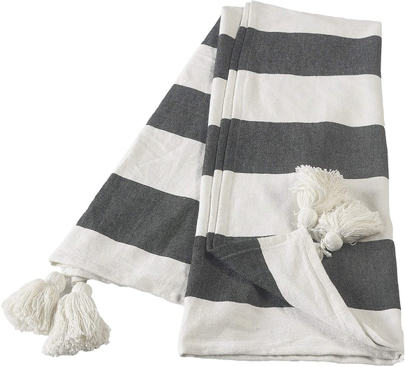 MISC Charcoal Ivory Bold Stripe Tasseled Throw Blanket Black Grey Off/White Color Block Striped Casual Cottage Farmhouse Cotton Handmade