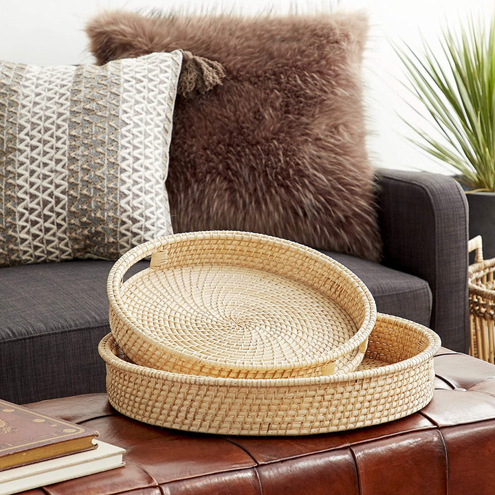 Handwoven Natural Bamboo Large Round Trays Set 2 20 X 3round Brown Rattan - Diamond Home USA