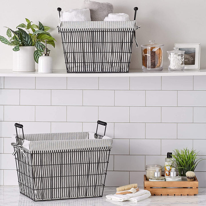 Farmhouse Black Wire Black/White Ticking Stripe Liner Basket Lined Set Cotton - Diamond Home USA