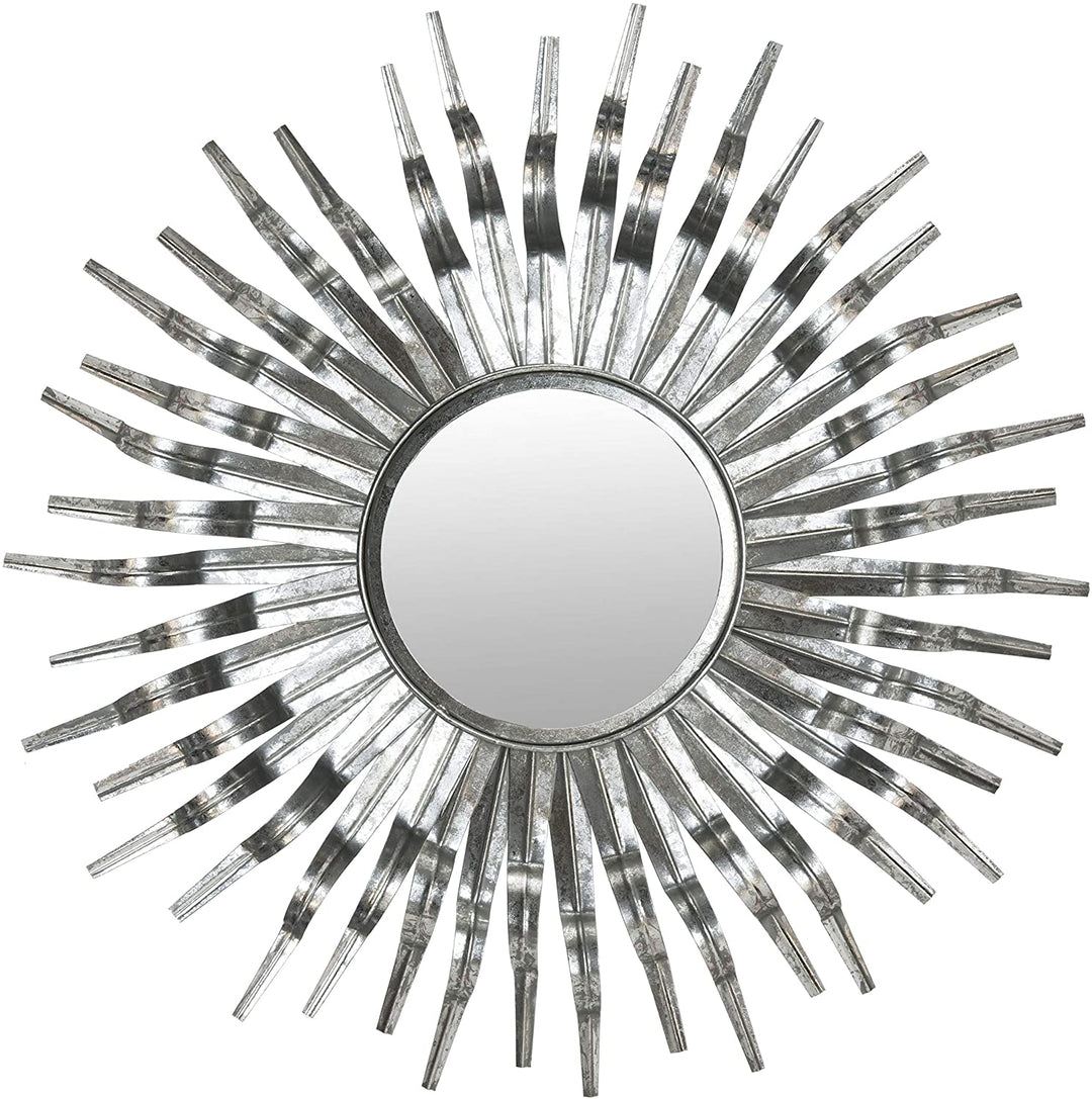 Large Silver Sunburst Mirror Midcentury Bursting Round Decorative Wall Mounted Accent Sun Beam Frame Spokes Deco Metal