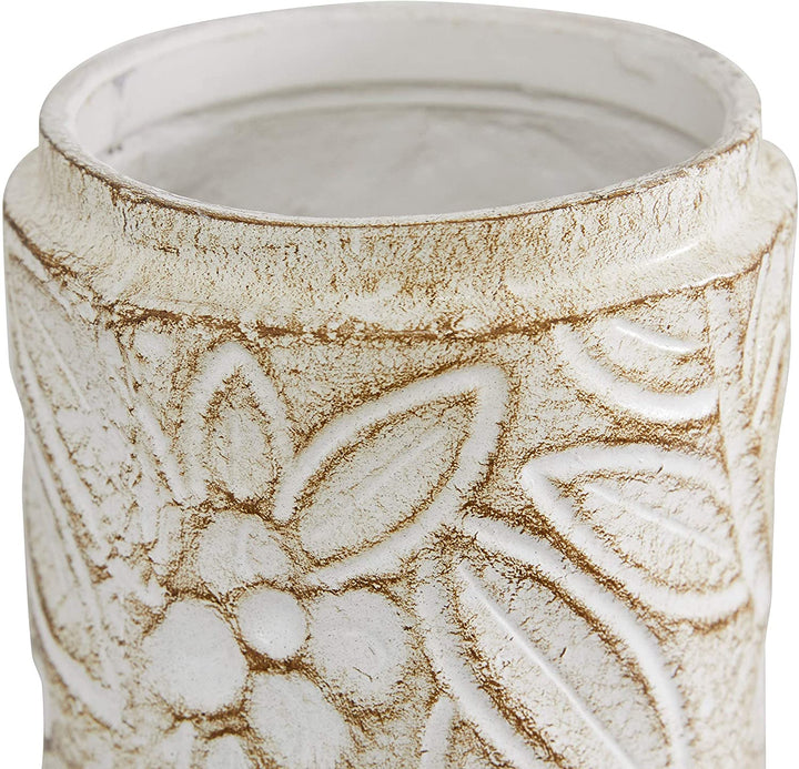 Round Rustic White Floral Carved Ceramic Jars Wood Lid Set 2 9" 10" 11 X 6 10 Clay - Diamond Home USA