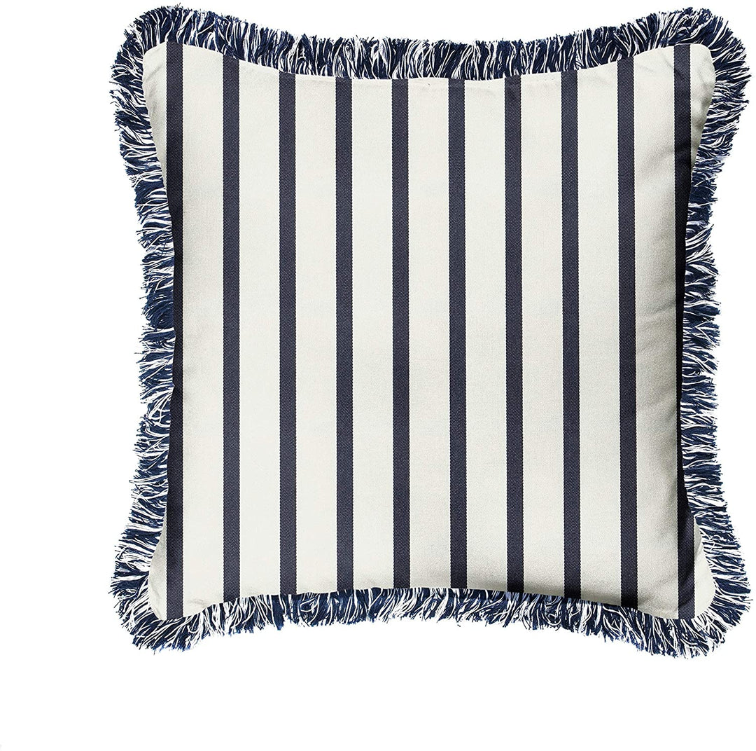 Indigo Striped Indoor/Outdoor Square Pillow Fringe Blue White Transitional Fabric Polyester Fade Resistant Uv - Diamond Home USA