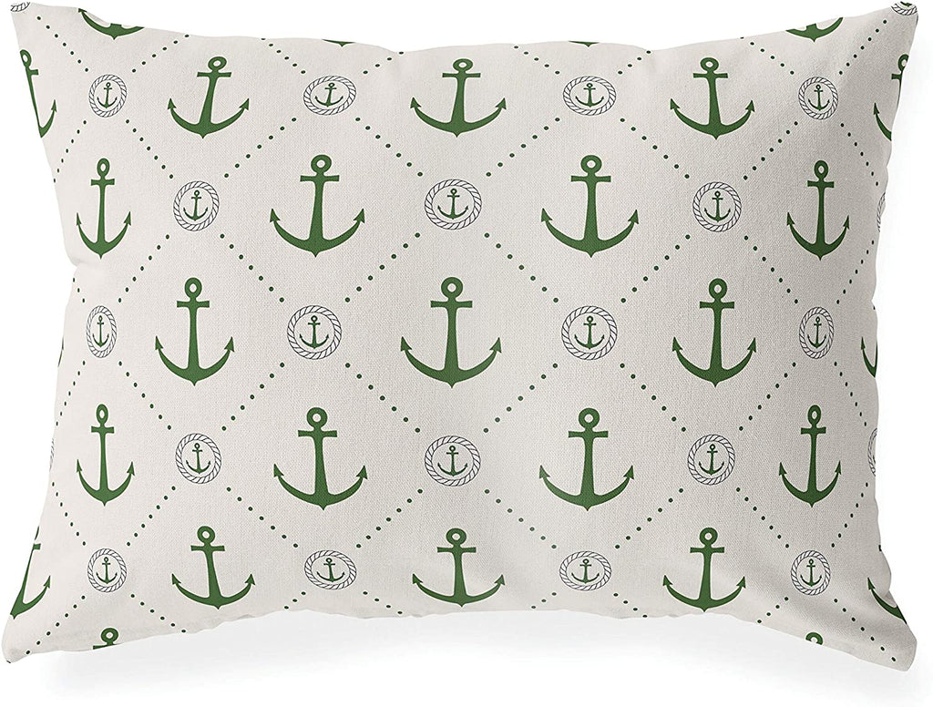 MISC Anchor Chief Green Indoor|Outdoor Lumbar Pillow 20x14 Green Geometric Nautical Coastal Polyester Removable Cover