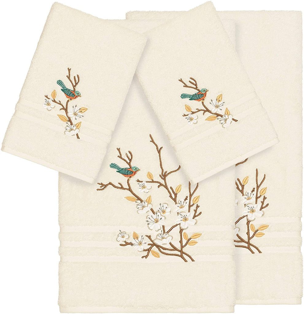 UKN Turkish Cotton Blue Bird Embroidered Cream 4 Piece Towel Set Off White Cloth