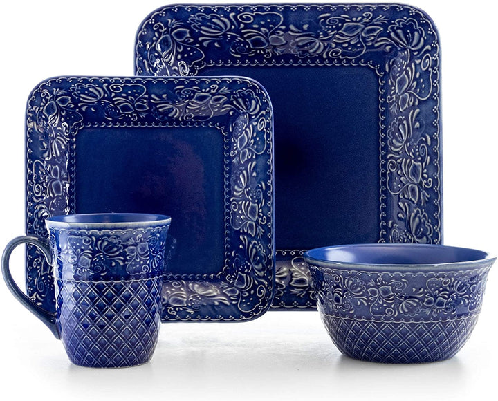 Indigo Lotus 16 Piece Square Stoneware Dinnerware Set Blue Floral Casual Microwave Safe