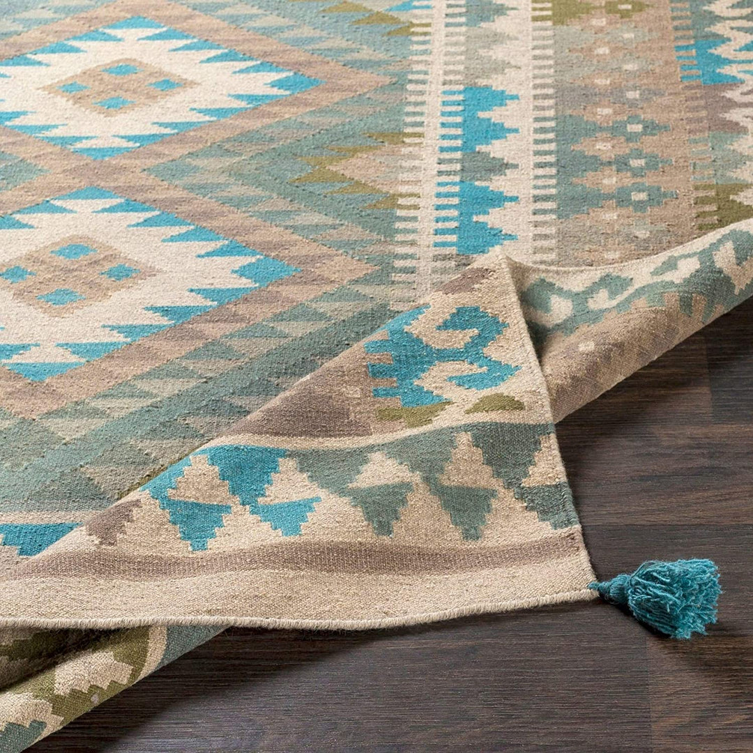 Sage Boho Handmade Wool Accent Rug 2' X 3' Blue Brown Green Bohemian Eclectic Southwestern Rectangle Latex Free