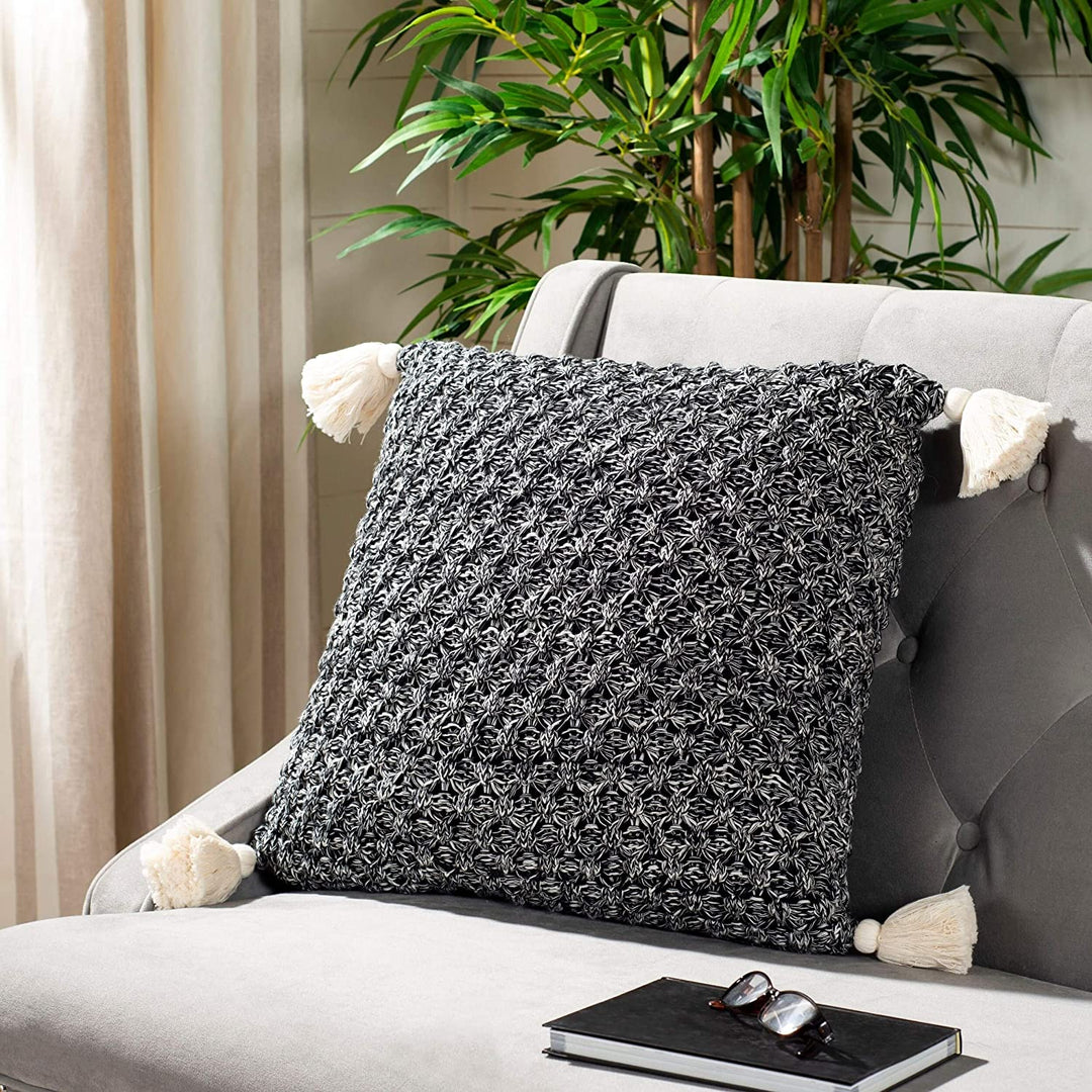 20" Knit Tassel Pillow Beige Black Textured Modern