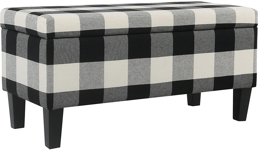 Large Decorative Storage Bench Black Plaid Mid Century Modern Pattern Fabric - Diamond Home USA