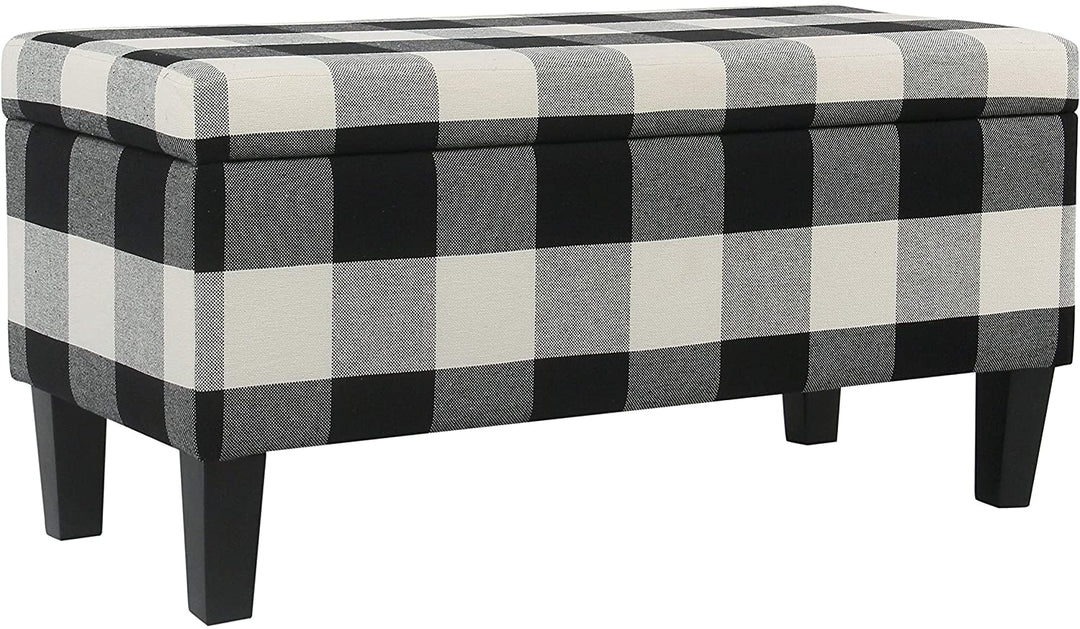 Large Decorative Storage Bench Black Plaid Mid Century Modern Pattern Fabric - Diamond Home USA