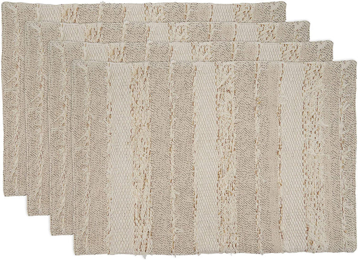 Placemats Fringe Stripe Design (Set 4) Off/White Oblong Cotton - Diamond Home USA