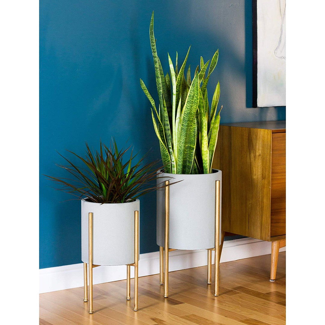 Grey Mid Century Plant Stand Set 2 Gold Planter Boxes