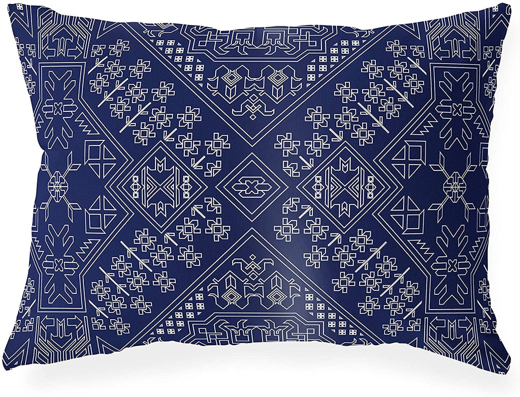 MISC Navy Indoor|Outdoor Lumbar Pillow 20x14 Blue Geometric Southwestern Polyester Removable Cover