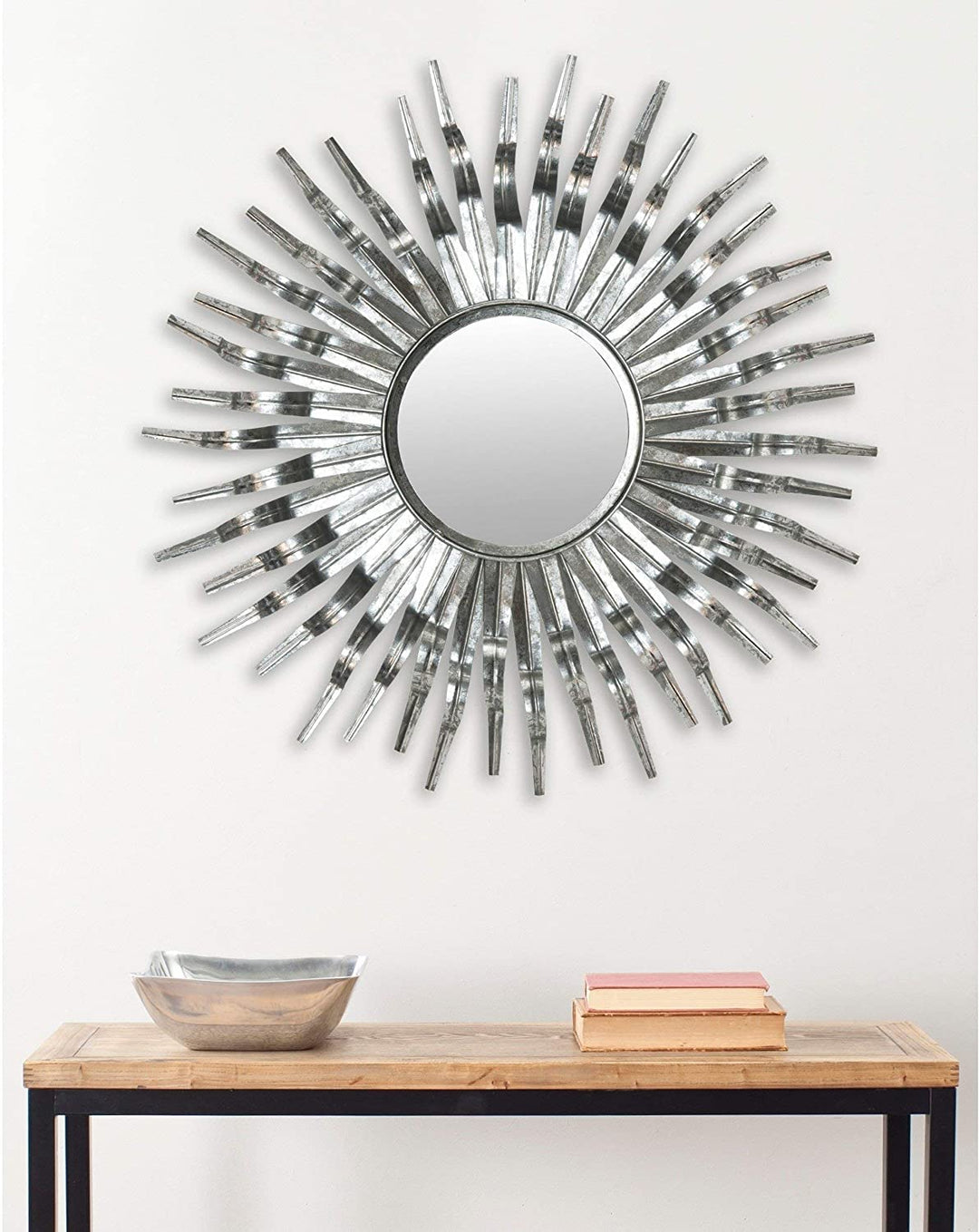 Large Silver Sunburst Mirror Midcentury Bursting Round