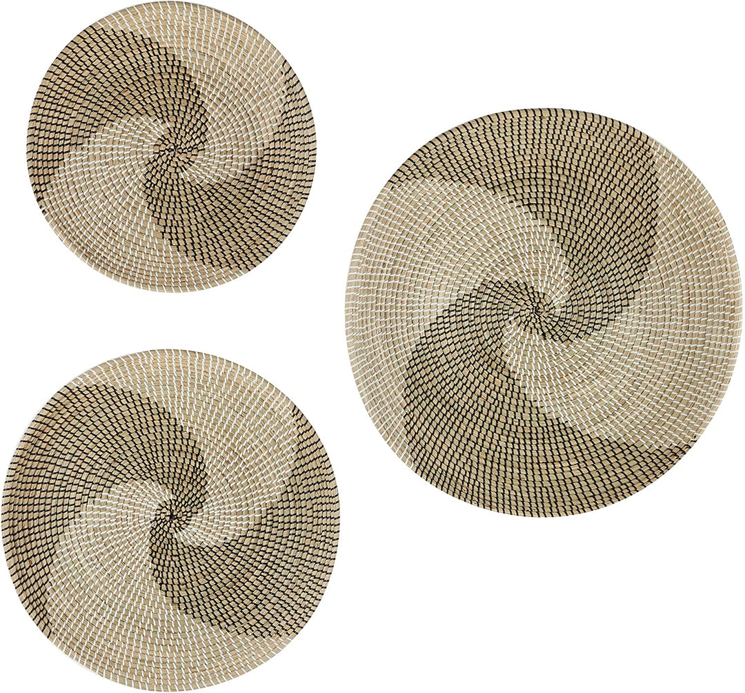 Round Black White Swirl Natural Seagrass Wall Trays Set 3 28