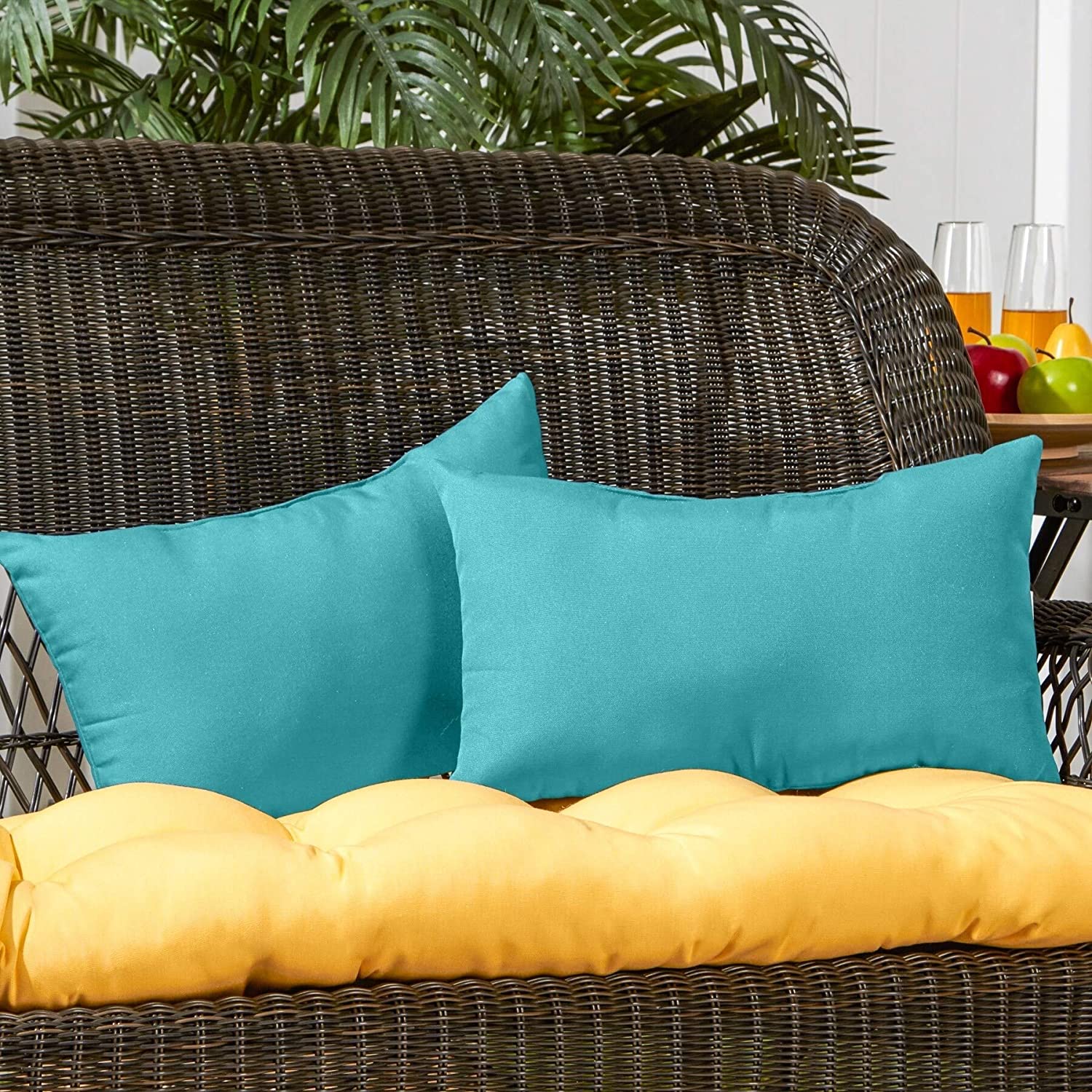 Rectangular Outdoor Teal Accent Pillow (Set 2) 19"x12" Blue Green Solid Transitional Polyester Fade Resistant Water