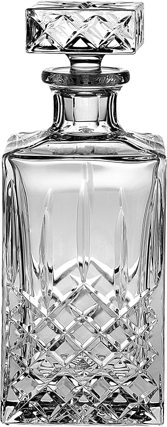 European Hand Cut Crystal Whiskey Square Decanter 30oz Clear