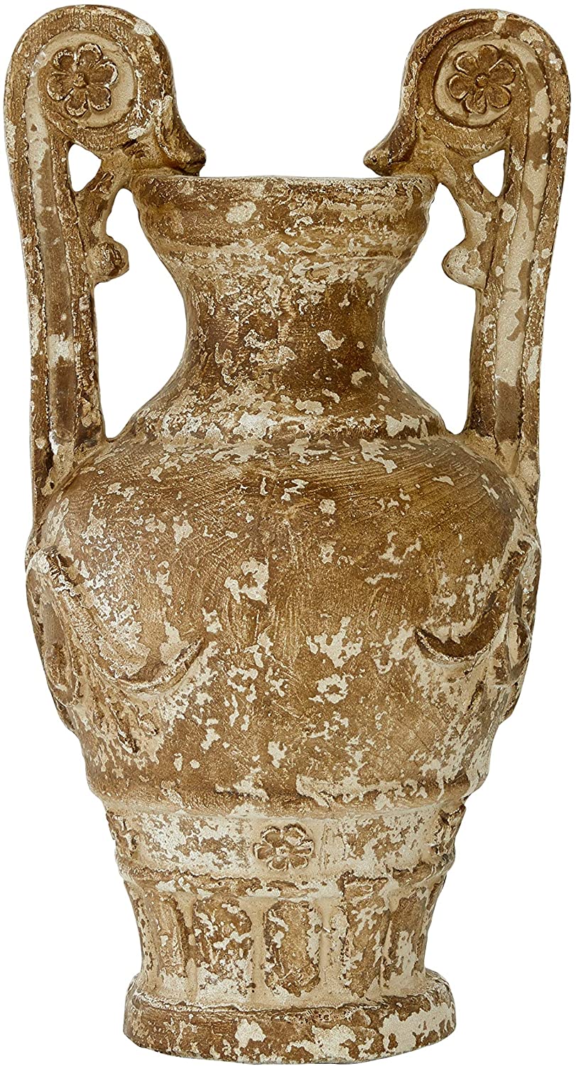 Distressed Brown White Vase W/Carved Floral Accents Farmhouse Resin