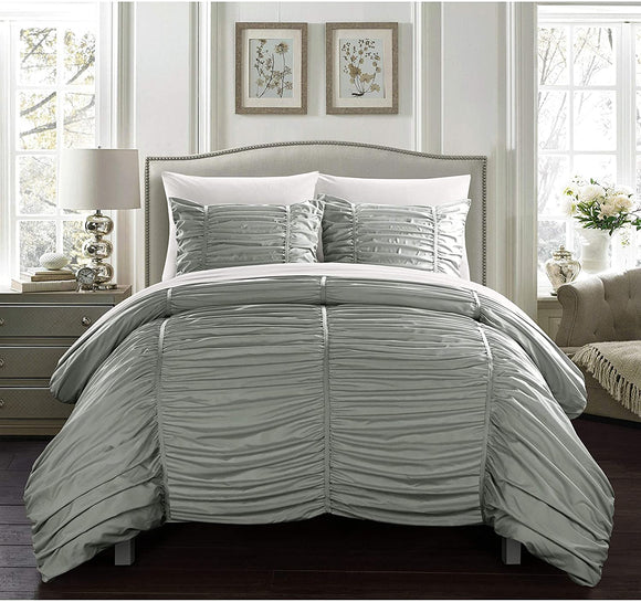 Comforter Set Contemporary Striped Design Twin Grey Ruched Modern Microfiber 2