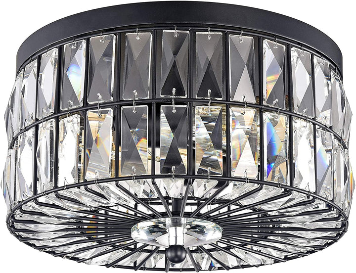 2 Light Crystal Glass Flush Mount Chandelier Black Glam Modern Contemporary Metal - Diamond Home USA