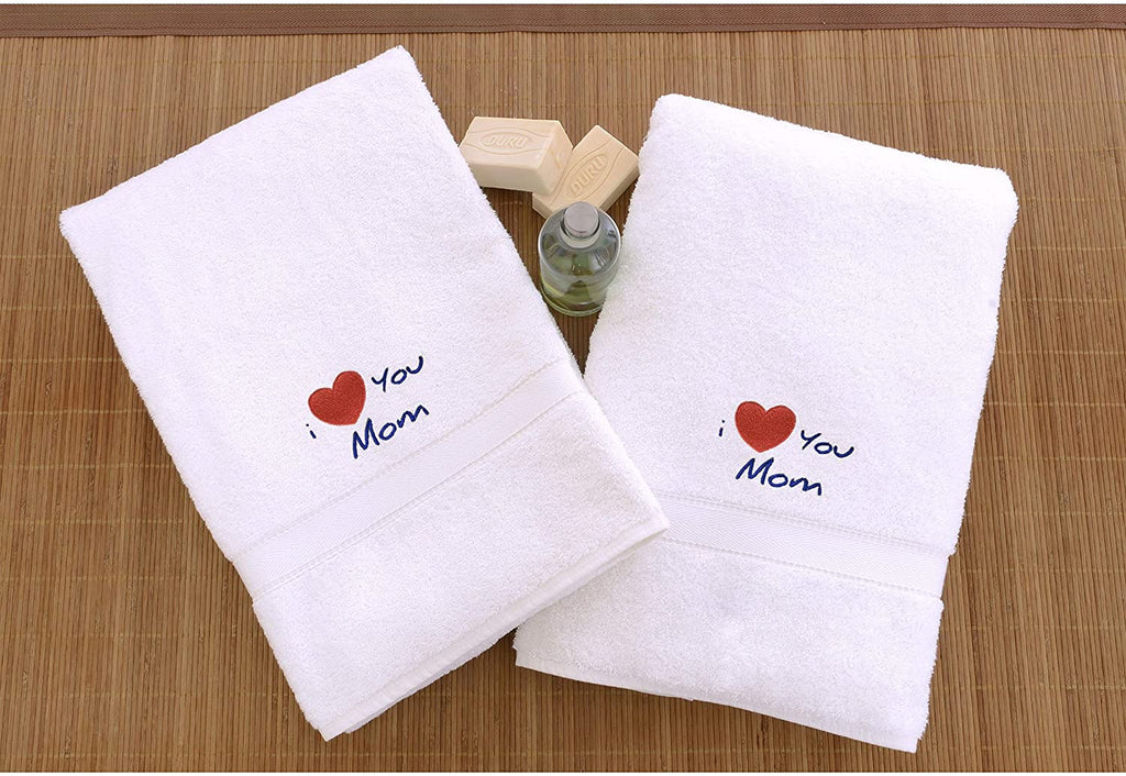 Spa I Love You Mom Monogrammed Turkish Cotton Hand Towels Set 2 Blue Red White Solid Color Embroidered