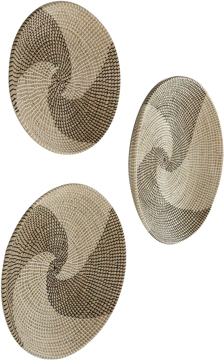 Round Black White Swirl Natural Seagrass Wall Trays Set 3 28 5" 23 5" 20" Tan Transitional Fiber - Diamond Home USA