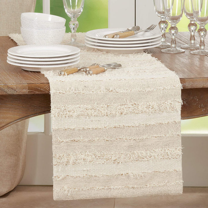 Table Runner Fringe Stripe Design Off/White