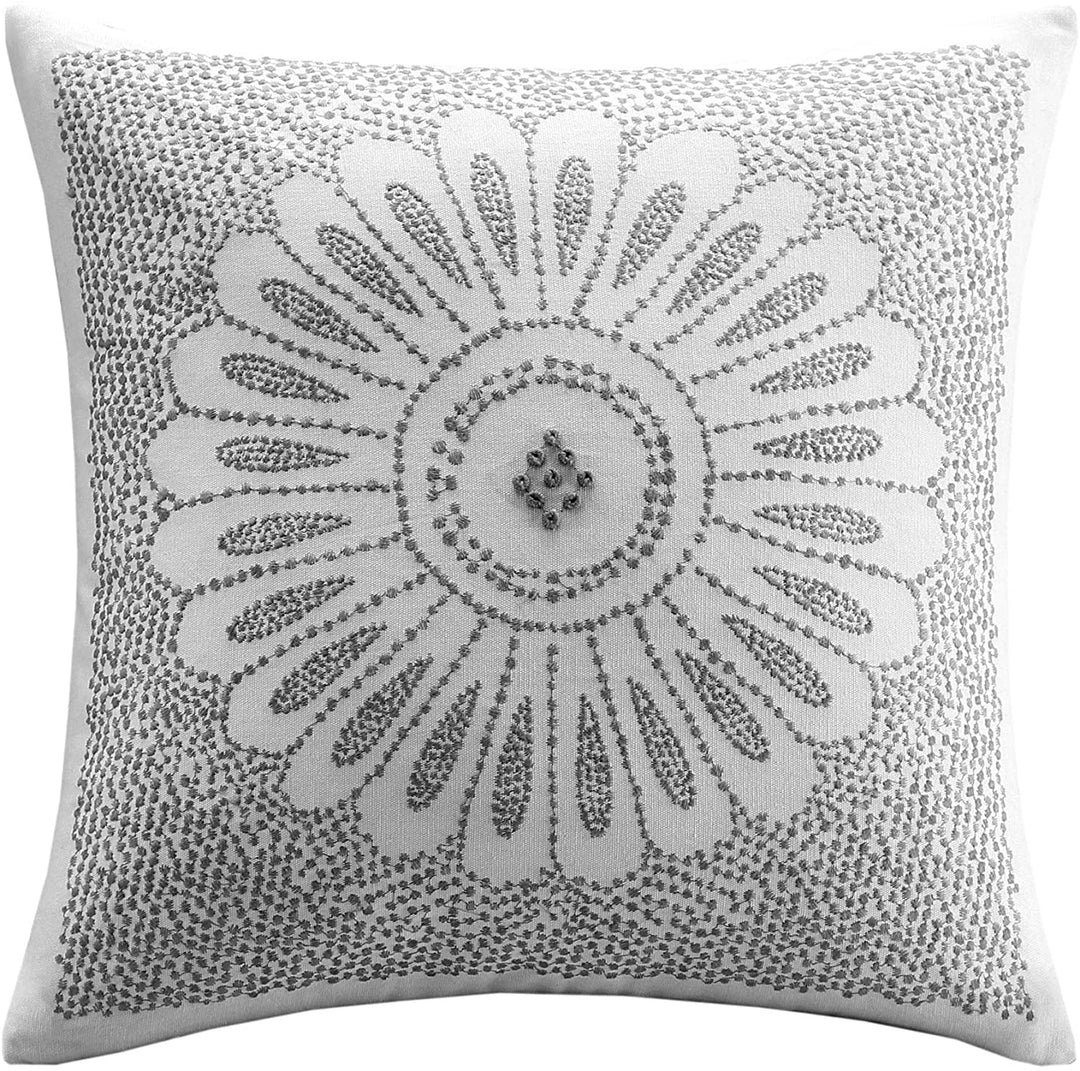 Grey Embroidered Cotton Decorative Pillow Casual Mid Century