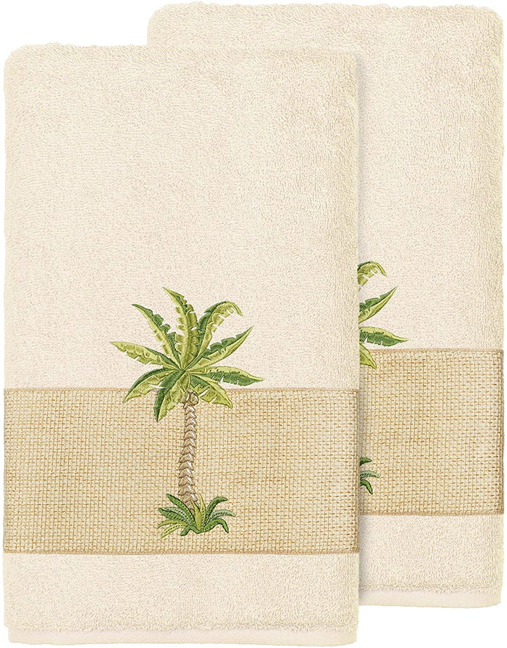 Turkish Cotton Palm Tree Embroidered Cream Bath Towels