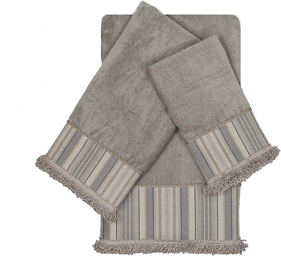 Stripe Grey 3 Piece Decorative Embellished Towel Set Geometric Striped Cotton