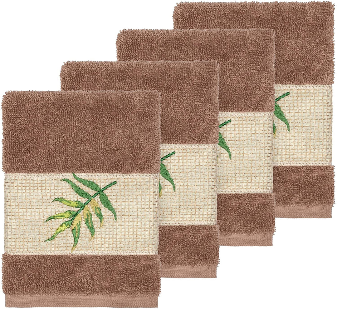 Turkish Cotton Palm Fronds Embroidered Latte Brown 4 Piece