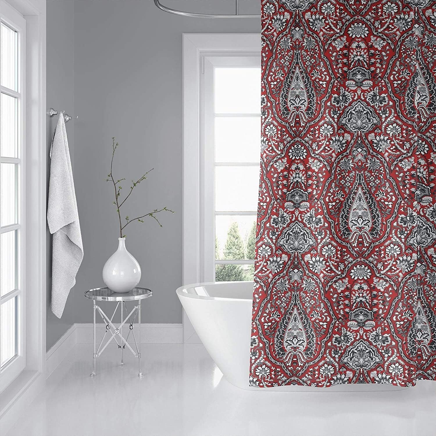 MISC Coral Red Shower Curtain by 71x74 Red Geometric Traditional Polyester