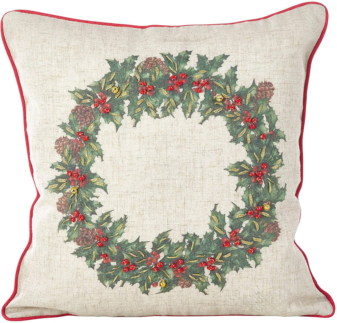 Wreath Jingle Bell Christmas Poly Filled Throw Pillow