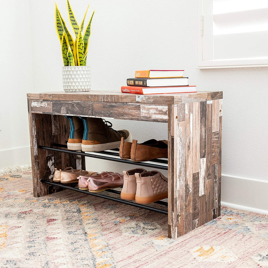 MISC Two Tier Industrial Shoe Bench Distressed Wood Finish Brown Striped Pattern Iron