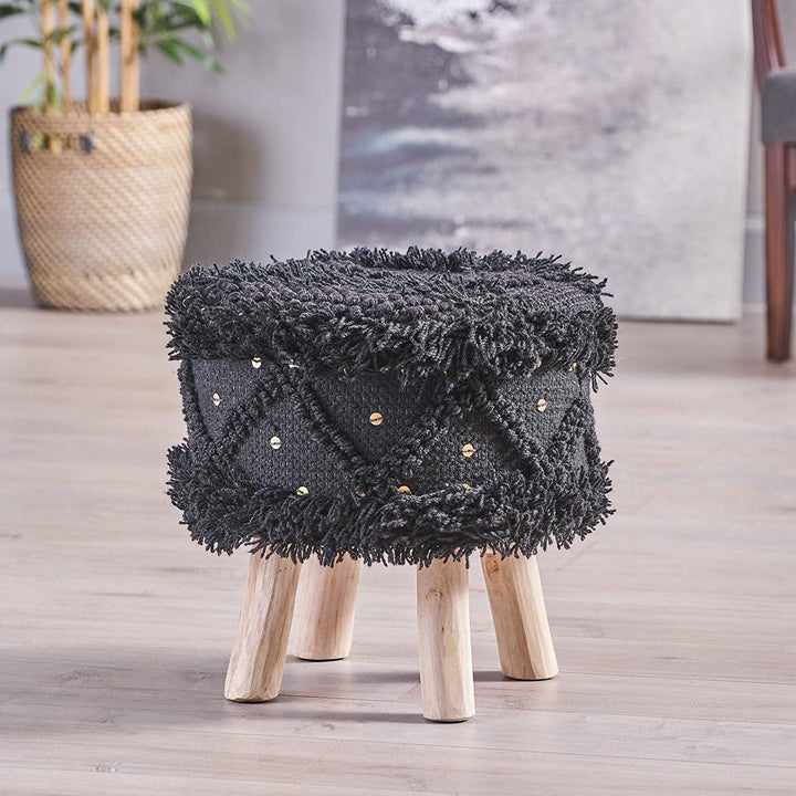 Handcrafted Boho Fabric Stool Metal Accents by Ivory Black