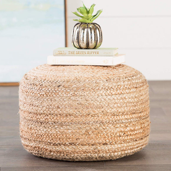Natural Jute Ottoman Beige Braided Rows Round Pouf Beads Fill Modern Braid Weave Circle Footstool Sitting Area Cottage Cabin Living Room Durable