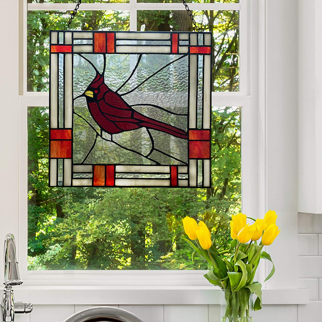 UKN 11" h Cardinal Stained Glass Window Panel 11" X 0 25" Red Traditional Square Animals Metal Handmade Includes Hardware