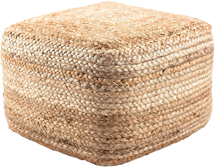 Modern Beige Cube Shape Jute Pouf Brown Solid Color Mid