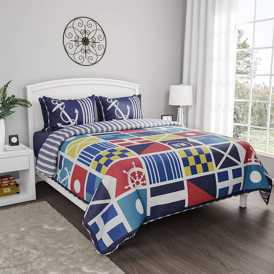 Blue Red Beach Theme Full Queen Quilt Set Yellow White