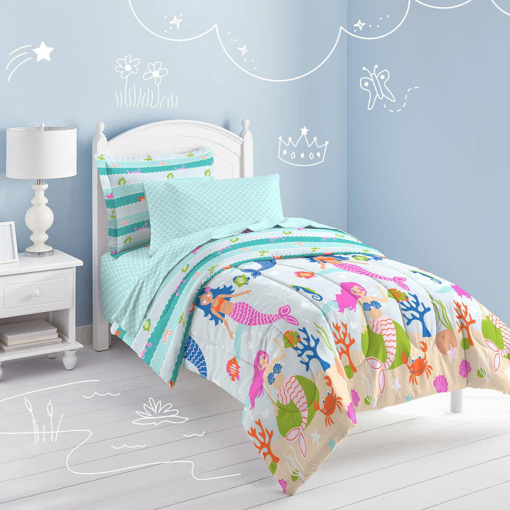 Kids Girls Teal Blue Pink Mermaid Comforter Full Set Swimming Mer Maid Bedding Under Water Sea Life Colorful Coral Crab Seashells Seahorse Trellis