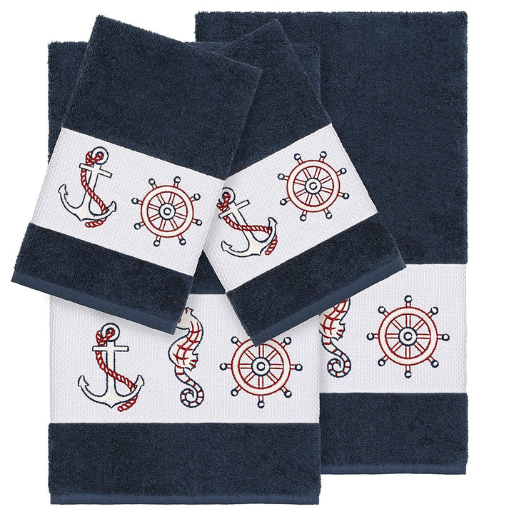 4 Piece Blue White Beach Theme Towel Set Red Black Boat