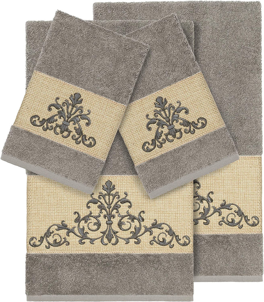 UKN Grey Turkish Cotton Scrollwork Embroidered 4 Piece Towel Set Scroll