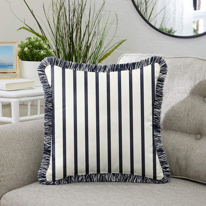 Indigo Striped Indoor/Outdoor Square Pillow Fringe Blue White Transitional Fabric Polyester Fade Resistant Uv - Diamond Home USA