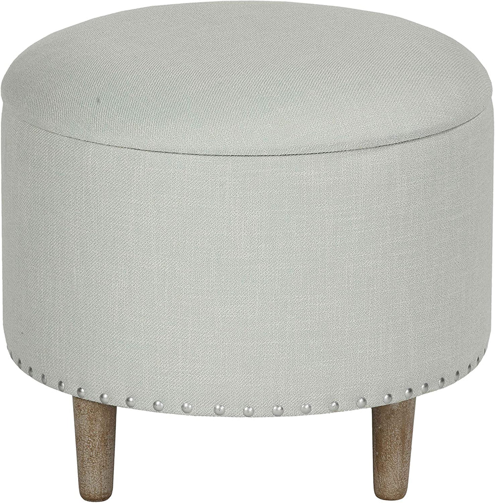 19" Round Storage Ottoman Beige Linen Grey Modern Contemporary Solid Wood
